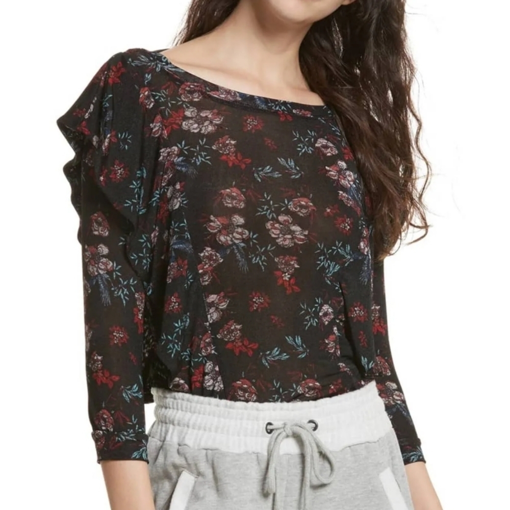 Free People EUC Womens Size Xs 3/4 Sleeve Floral Black Red Blouse Shirt Top Boho - Picture 2 of 14